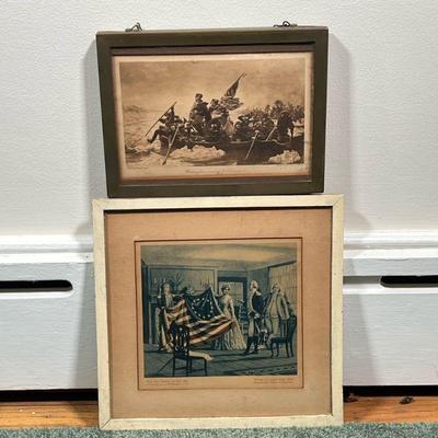 (2PC) AMERICAN REVOLUTION ETCHINGS | Including: Washington crossing Delaware, and Betsy Ross Showing our First Flag to General George...