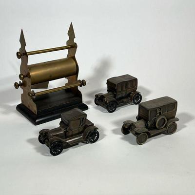 (4PC) BRASS & METAL BANKS | Collection of still banks including a late 19th century fancy English brass bank in good condition with...