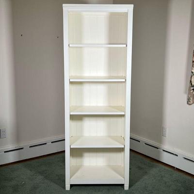 WHITE WOODEN BOOKCASE | White bookshelf with beadboard back and adjustable shelves. - l. 24-1/4 x w. 15-1/4 x h. 69 in

