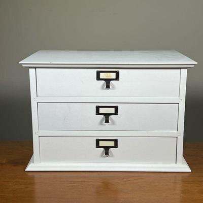 WOODEN DESK ORGANIZER | Wooden desk paper file drawer with three drawers. - l. 17-1/2 x w. 11-1/2 x h. 11-1/2 in

