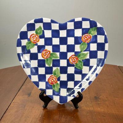 HEART PLATTER BY MESA INTERNATIONAL | Covered in a blue and white checkered pattern along with 5 flowers across the platter, made in...