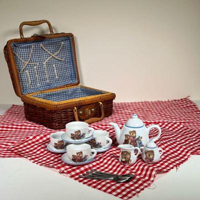 REUTTER TOY PICNIC BASKET TEA SET | Complete porcelain toy tea set in basket with teapot, cups, saucers, spoons, and a gingham picnic...