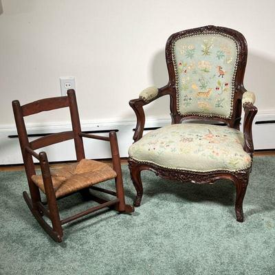 (2PC) CHILDREN'S CHAIRS | Including a child's French Bergere chair with needlepoint upholstery depicting flowers and animals,...