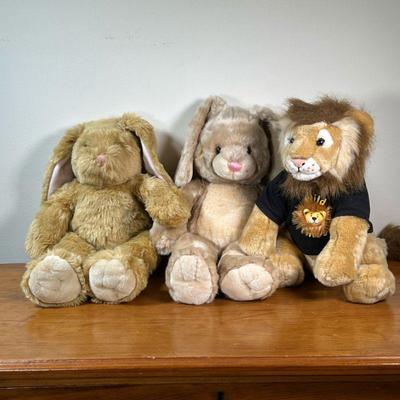 (3PC) BUILD BEAR PLUSHIES | Build-A-Bear stuffed animals, including a lion and two rabbits. - l. 12 x w. 6 x h. 26 in

