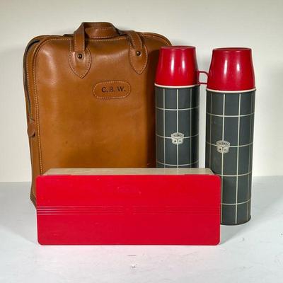 THERMOS LUNCH SET | Vintage Thermos lunch box set, including two Thermos brand thermoses and red lunch box with a fitted leather lunch...