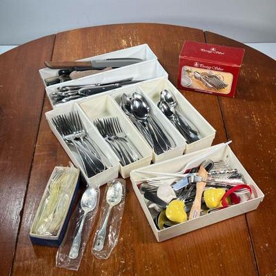 SILVERWARE & DINER WARE | Including Towle stainless butter knives, forks, and spoons, stainless steel knives, spoons marked "New...