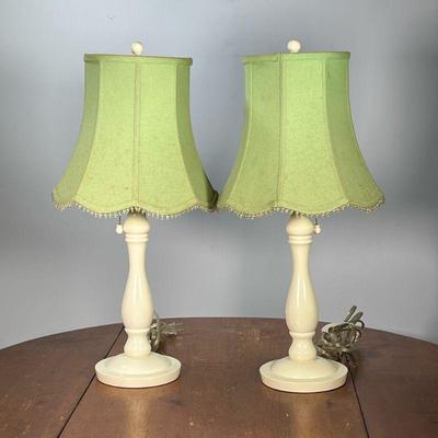 (2PC) PAIR WHITE TABLE LAMPS | Having turned bases with mint green shades. - h. 23 x dia. 11.5 in (with shade)

