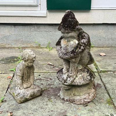 (2PC) CONCRETE CHILD GARDEN STATUES | Concrete garden statues of a gnome child and a child on their knees to look over a pond. - h. 20 x...