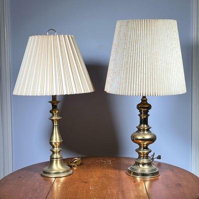 (2PC) TURNED BRASS LAMPS | Two brass column table lamps. - h. 32 x dia. 17 in

