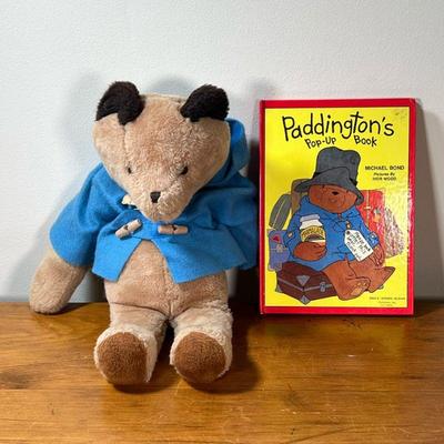 1975 EDEN PADDINGTON BEAR & BOOK | Vintage 1975 Eden Paddington plush bear in blue coat and Paddington's Pop-Up Book. - l. 14 x...