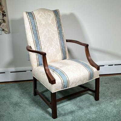 FRENCH STYLED ARM CHAIR | French-styled arm chair with textured fabric upholstery. - l. 27 x w. 29 x h. 43 in

