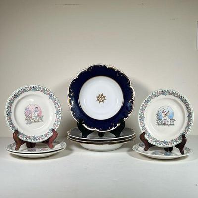 (9PC) MISC PLATES | Including 5 Gien France Pierrot et Colombine plates, and 4 Ridgeway porcelain plates with gilded edges. - l. 10 x w....