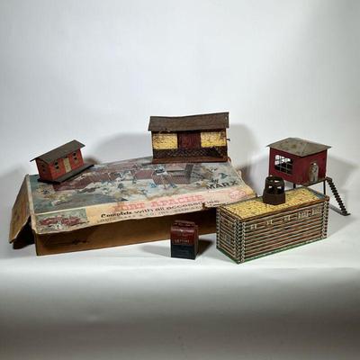 FORT APACHE BY MARX TOYS | For Apache tin toy set with original box, comprising 10 items outside of box already built and with additional...