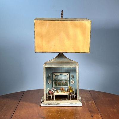DOLLHOUSE DIORAMA LAMP | Depicting two mice having breakfast with tea in a small diorama mounted as a table lamp. - l. 9 x w. 6 x h. 19 in

