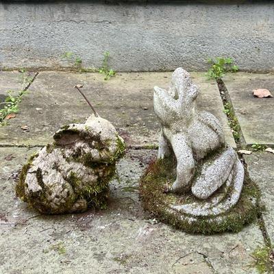 (2PC) CONCRETE GARDEN ANIMALS | Garden statues, including a concrete frog statue with hole for fountain, and a concrete bunny rabbit...