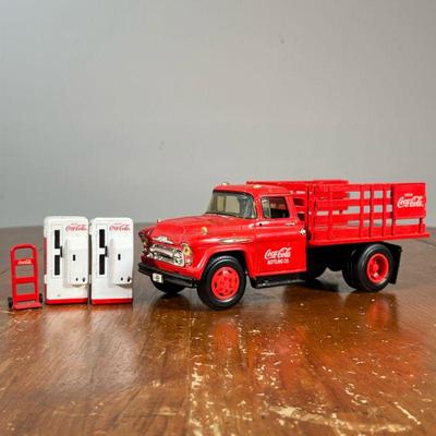 1957 COCA-COLA CHEVY TRUCK | Vintage Coca-Cola Bottling Co. 1957 Chevy Stake toy truck, including two toy fridges and toy hand truck. -...