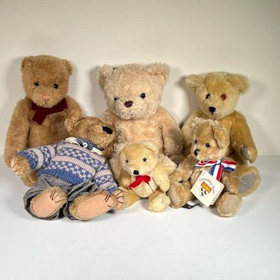 (6PC) ENGLISH STUFFED BEARS | Stuffed animal bears, including one by Canterbury Bears, one "Edward" bear handmade in England,...