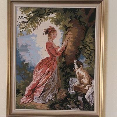 An impressive needlepoint wall hanging and several tapestries