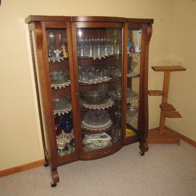 Curved front china cabinet & crystal glassware