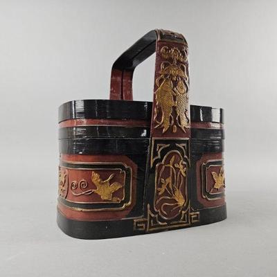 Lot 145 | Vtg Chinese Red, Black & Gold Betrothal Basket
