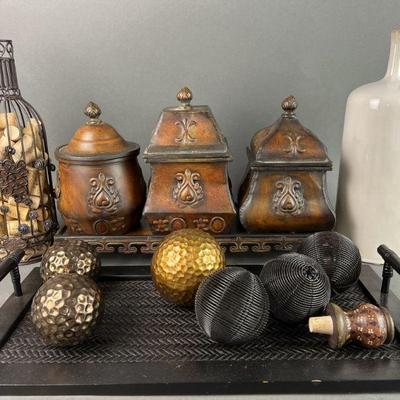Lot 319 | Home Decor Jars, Bottles Metal and Wood Trays
