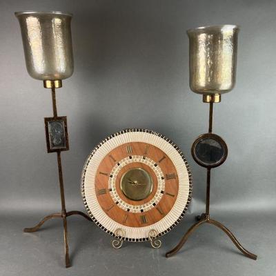 Lot 342 | Metal & Ceramic Wall Clock, Large Candle Holders
