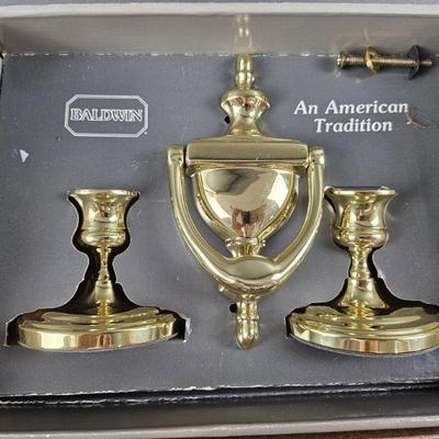 Lot 222 | Vtg Baldwin Brass Door Knocker & Candlesticks
