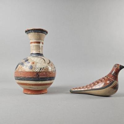 Lot 116 | Vintage 10" Mexican Tonala Pottery Vase & Bird
