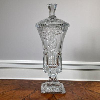 LARGE LIDDED SWEET MEAT JAR | Cut crystal lidded vase/ jar. - h. 17 x dia. 6 in

