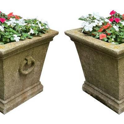 PAIR SQUARE CONCRETE PLANTERS | Tapering square planters with rings. - l. 19 x w. 19 x h. 17 in (each)


