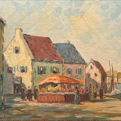 DENNIS AINSLEY (1880-1952) OIL PAINTING | Seaside market. Oil on canvas. 7.25 x 9.25 in. sight. Signed lower left. - l. 16.5 x w. 14.5 in...