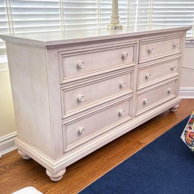 WHITE PAINTED SIX DRAWER CHEST | 20th/21st C, Ethan Allen with bun feet. - l. 68 x w. 19 x h. 36 in

