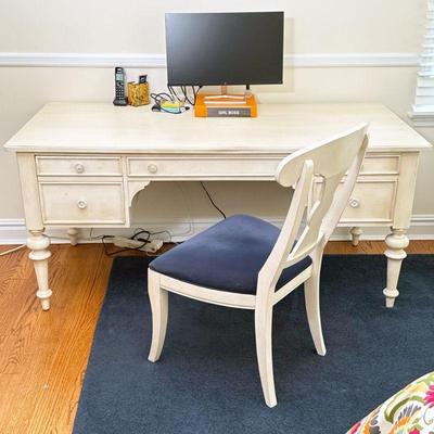 (2PC) WHITE PAINTED DESK & CHAIR | Designed as a well-sized sturdy bureau plat with five drawers; center drawer with a full down front...