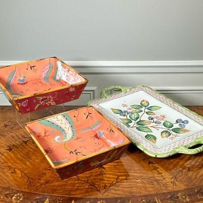 (3PC) GUMPS & TRACEY PORTER CERAMIC DISHES | Including a pair of square Tracy Porter dishes (10 x 10 x 3 in); plus a Gumps decorated...