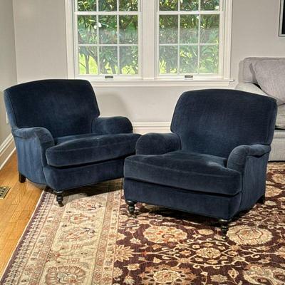 PAIR LILLIAN AUGUST COUTURE VELVET ARMCHAIRS | Quality American manufactured roll armchairs with turned feet, similar style to George...