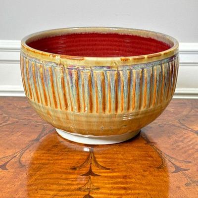 "BK" ART POTTERY CENTER BOWL | Manner of Clyde Burt, colorful reeded pattern. - h. 6.5 x dia. 10.5 in

