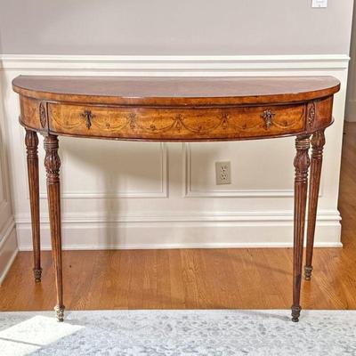 FLORAL DEMILUNE CONSOLE TABLE | Probably John Richard, beautifully patterned floral inlaid top with carved floral relief overturned and...