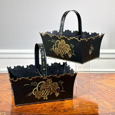 (2PC) PAIR-PAINTED TIN BASKETS | Black tin baskets painted with grapes with 2 small rings in center. - l. 11.5 x w. 7 x h. 5 in

