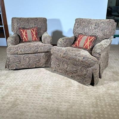 PAIR LEE PAISLEY SWIVEL ARMCHAIRS | Made in USA with Lee industries label swivel articulating, rocking armchairs with matching textured...