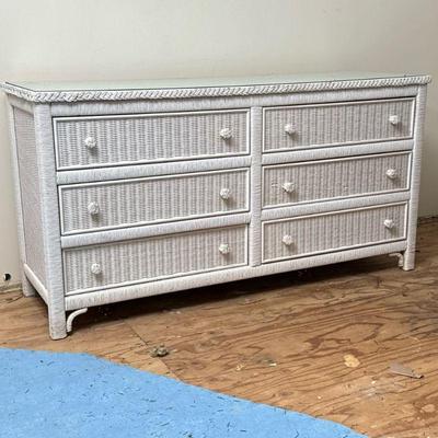 WHITE WICKER SIX DRAWER CHEST | Fine construction with solid wood drawers. - l. 19 x w. 58 x h. 30 in

