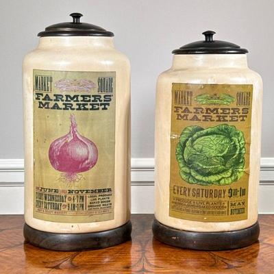 (2PC) PAIR FARMERS MARKET CROCKS | Includes 2 ceramic crocks with wooden base having Farmers Market posters from Knoxville Tennesse. - h....