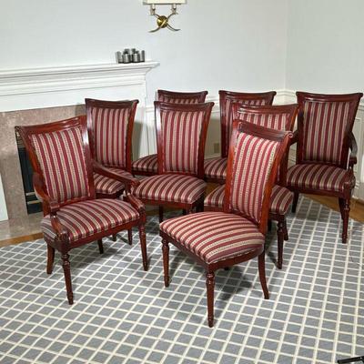 (8PC) REGENCY MAHOGANY DINING CHAIRS | Comprising: 2 arm chairs and 6 dining chairs with curved scroll back, decorated with acanthus...