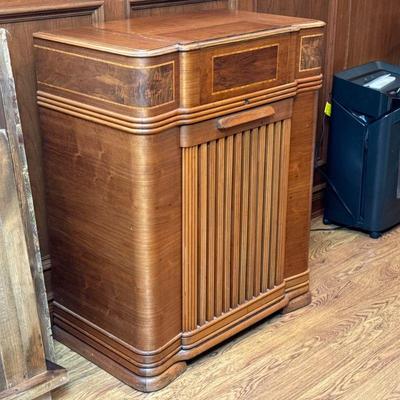 VINTAGE PHILCO STEREO / RECORD PLAYER | In a fancy Burlwood veneer case lift top reveals radio controls and a fall front reveals Philco...