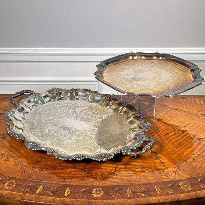 (2PC) SILVER PLATE TRAYS | Two stamped silver plate serving trays. - l. 22 x w. 16 in

