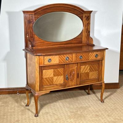 SATINWOOD MIRROR BUFFET | Sideboard cabinet with two drawers over two cabinet doors oval carving missing one pool. - l. 48 x w. 21 x h....