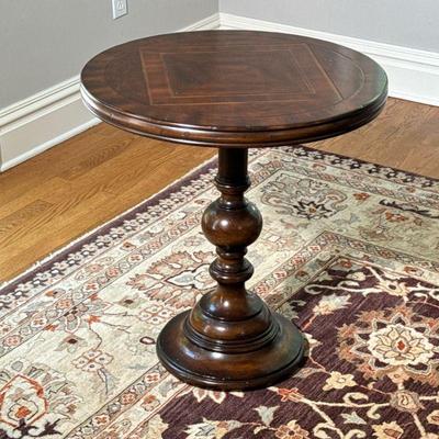 MAHOGANY ROUND SIDE TABLE | Circular side table with inlaid square decoration and turned wood pedestal base with mahogany finish. - h. 26...