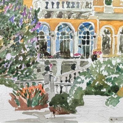 20TH CENTURY WATERCOLOR PAINTING | manor garden. Watercolor on paper. 6.75 x 9.75 in. sight. Signed “M” lower right. - l. 16.75 x w. 14.5...