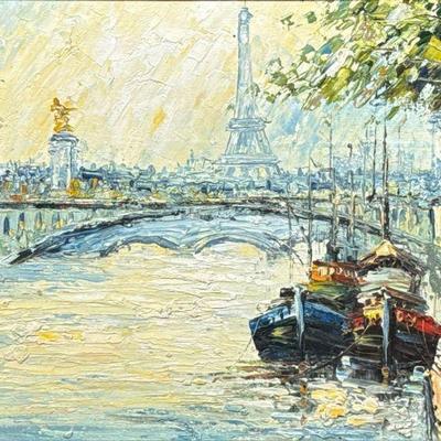 SIGNED OIL PAINTING | view from the Seine Oil on canvas 11.5 x 15.5 in. sight Signed lower left. - l. 19.75 x w. 15.75 in (frame)

