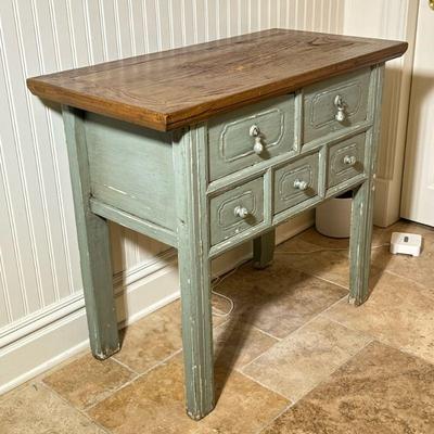 ANTIQUE SIDE TABLE | Having carved wood top over 2 splits width drawers over 3 1/3 width drawers painted in a distressed light blue. - l....