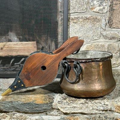 COPPER BASIN & BELLOW | Hammered copper basin and wood brass and felt bellow. - h. 8.5 x dia. 11 in (basin)

